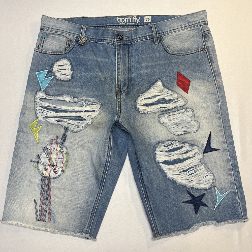 BORN FLY DESTROYED & REINFORCED PATCHED CUT‎ OFF DENIM JEAN SHORTS 90s Men's 36